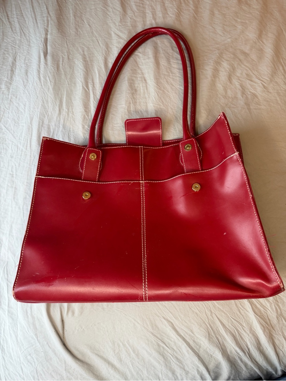 Red Leather Laptop Tote Bag with Dual Top Handles
